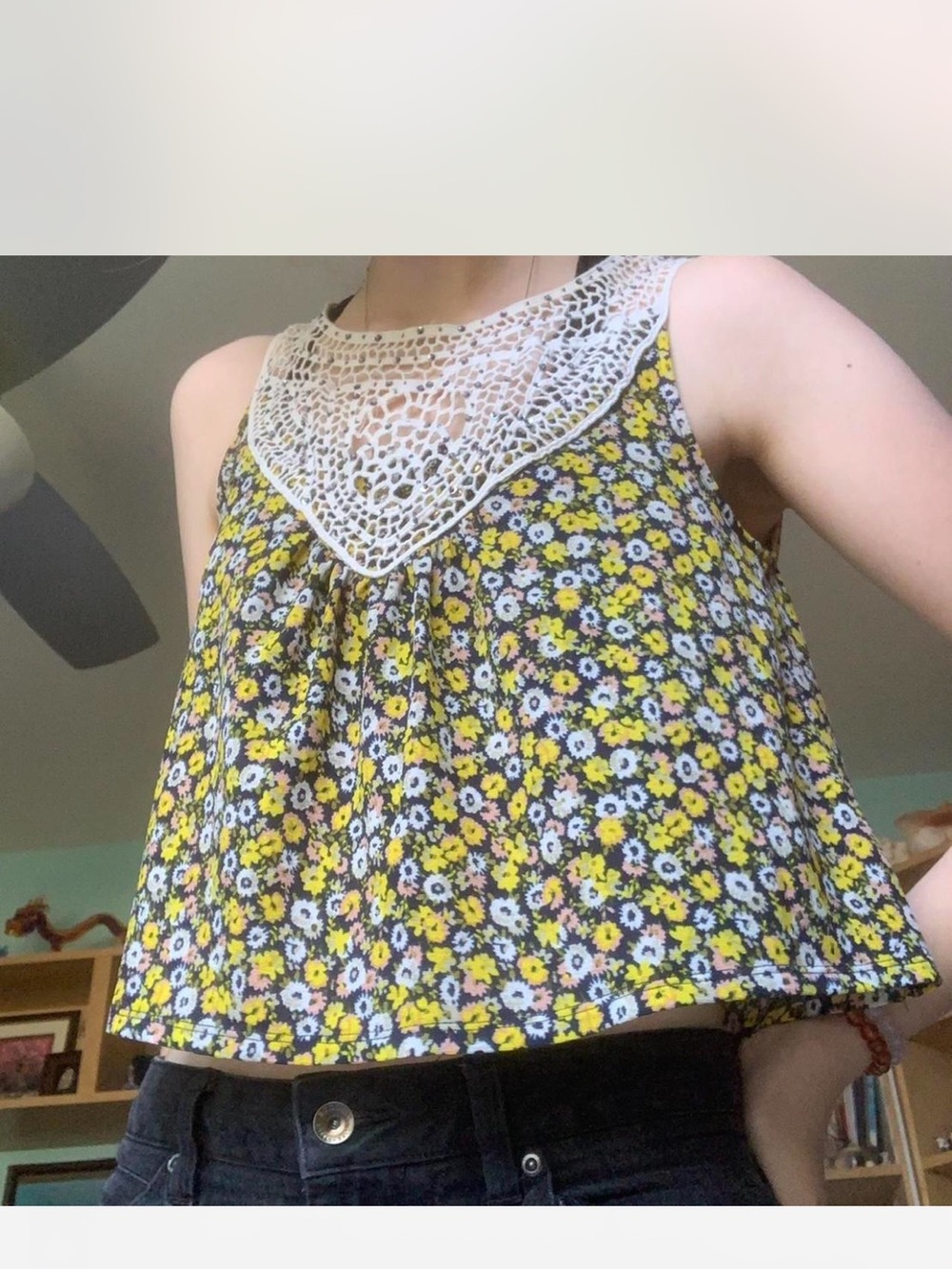Chloe K Yellow Floral Crochet Yoke Camisole